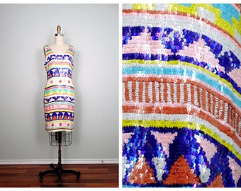 M/L Retro Sequin Dress / Pastel Sequined Geometric Dress / Multi Colored Embellished Dress