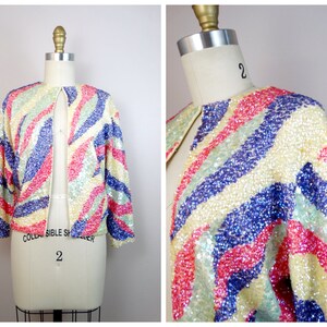 50s Sequin Embellished Cardigan / 1950s 1960s Iridescent Pink Purple and Yellow Pastel Sequined Vintage Sweater Jacket Shrug image 6