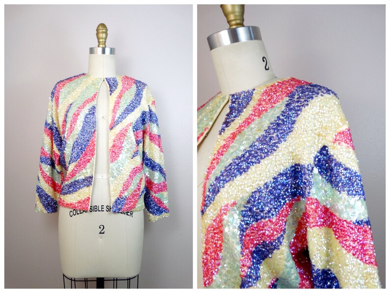 50s Sequin Embellished Cardigan / 1950s 1960s Iridescent Pink Purple and Yellow Pastel Sequined Vintage Sweater Jacket Shrug image 6