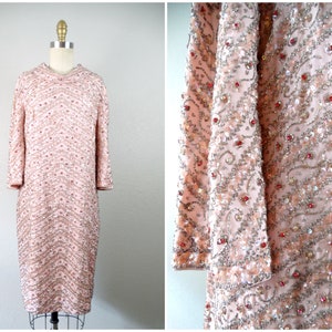 50s 60s Jeweled Rhinestone Dress ‣ Pastel Rose Pink 1950’s 1960’s Couture Crystal Beaded Dress