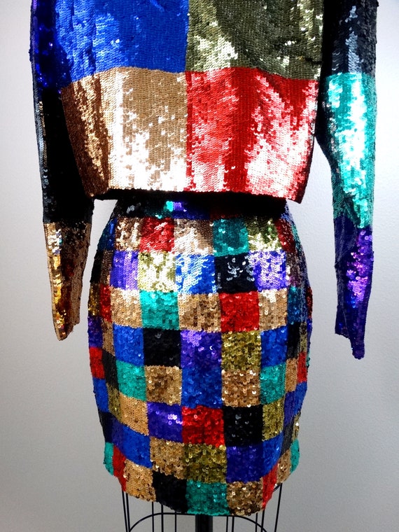 80s 90s Sequin Color Block Bolero Jacket and Mini… - image 7
