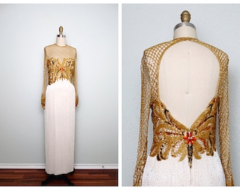 Vintage Couture Beaded Wedding Gown / Gold Jewel Beaded Sequined Wedding Dress Small XS