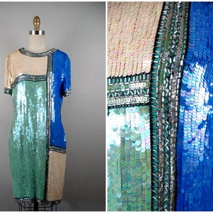 Retro Vintage Sequin Dress / Blue Green and Ivory Colorblock Sequined Beaded Dress