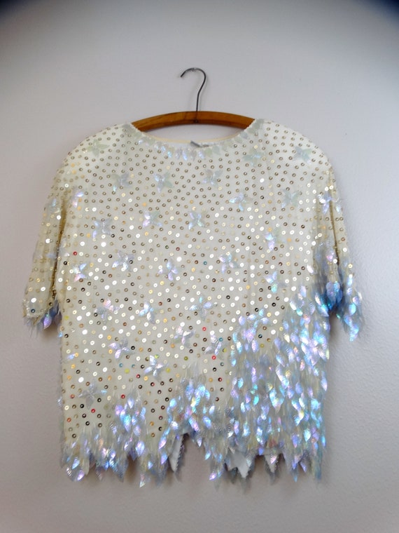 S/M Iridescent Paillette Sequin Top // Ivory and … - image 3