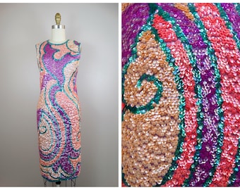50er Jahre Wolle Pailletten Kleid // Retro 1950er Vintage Psychedelisches Retro Pailletten Kleid von Sydney in Los Angeles
