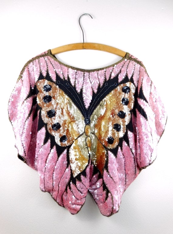 Vintage Sequined Butterfly Blouse / 80's Pink Seq… - image 2