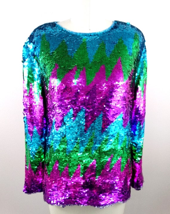 VTG Electric Sequin Top // Bright Pink Purple Gre… - image 2