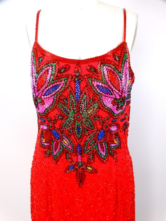 Red Silk Pink Beaded Dress // Bright Sequin Embel… - image 2
