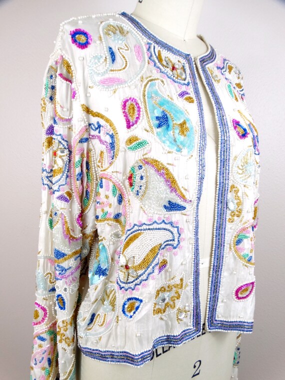 Pearl Beaded Pastel Sequin Cardigan Top / Vintage… - image 4