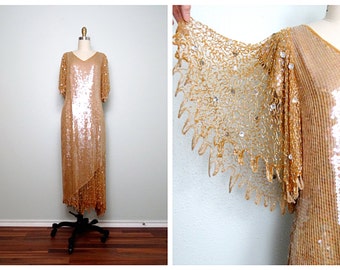 Vintage Champagne Gold Sequin Gown • Beaded Art Deco Dress