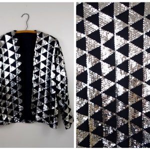 70s Retro Vintage Sequin Shrug / Mod Mirror Silver Light Jacket / 1970's Sequin Embellished Cardigan