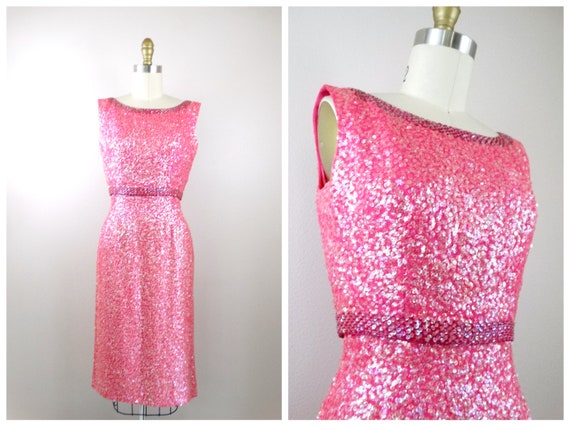 60's Pink Beaded Sequin Dress ‣ Pastel Pink Beaded