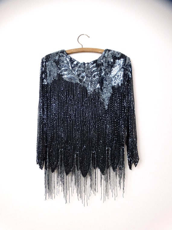 70s Glass Beaded Fringe Top // 1970s 80s Black Fr… - image 3