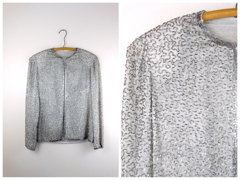 SM Silver Bugle Bead Evening Jacket White Gray Silver Beaded Silk Jacket by Victoria Royal LTD