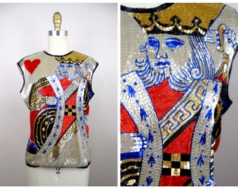 RARE King of Hearts Crystal Beaded Top // Haute Couture Heavily Embellished Vintage Top