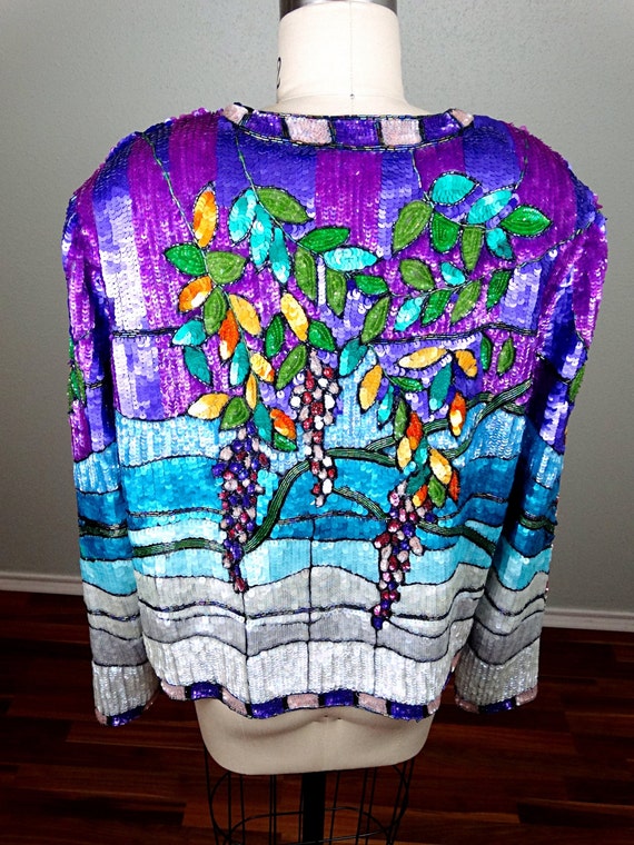 S/M Art Scene Sequined Jacket / Stained Glass Wis… - image 3