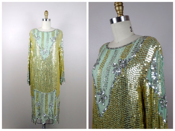Gold and Silver Sequin Beaded Dress / Sage Silk S… - image 5