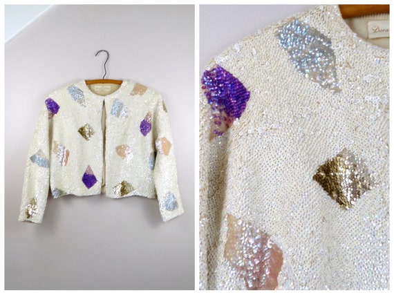 50s Sequin Mini Cardigan / 1950's Iridescent Ivor… - image 5