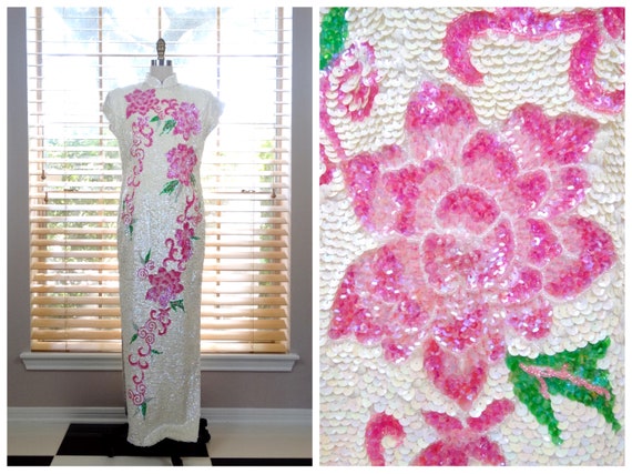 Vtg Cheongsam Sequin Gown / Vintage Iridescent Se… - image 1