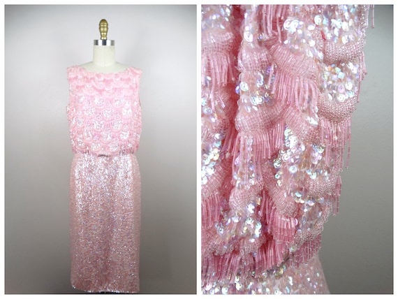 50s 60s Fringe Beaded Sequined Dress / Iridescent… - image 1