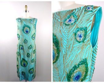 RARE 60's Beaded Sequined Dress / Art Deco Peacock Feather Sequin Embellished Midi Gown / Mint Green and Gold Beaded Dress