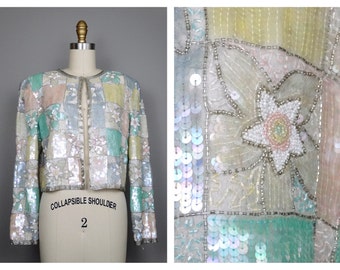 Iridescent Pastel Sequined Cardigan / Vintage Silk Beaded Sequin Trophy Jacket