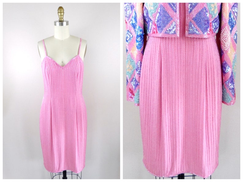 Vintage Pink Beaded Dress \u2023 Pastel Pink Beaded Dress \u2023 Silk Embellished Dress