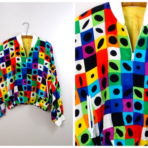 Opt Art Vintage Windbreaker // Retro Rainbow Bright Colorful Checker Colorblock Polka Dot Pop Light Bomber Jacket