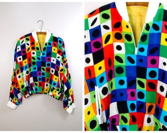 Opt Art 90s Vintage Windbreaker / Retro Rainbow Bright Colorful Checker Colorblock Polka Dot Pop Light Bomber Jacket
