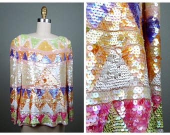 Vintage Iridescent Sequin Top, S/M Beaded Party Top