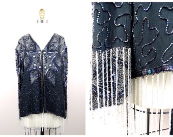 L/XL Beaded Fringe Embellished Cardigan // Black and Silver Jewel Beaded Sequined Cocktail Shrug Size Large XL