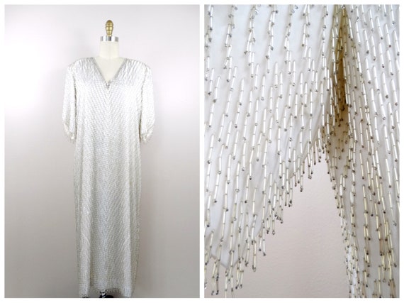 Plus Size Fringe Beaded Dress / White and Silver GLAM… - Gem