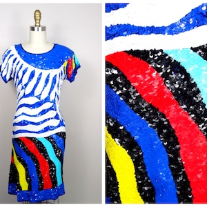 S/M Bright Sequin Dress / Blue Red Yellow and White Sequined Dress / 1980&#39;s Trophy Dress / Vintage Party Dress