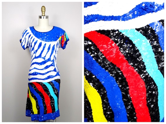 S/M Funky Sequin Dress / Neon Blue Red Yellow and… - image 1