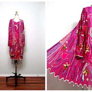 Stars & Hearts Sequined Beaded Dress w/ Long Shrug // Moon Star Heart Art Deco Pink Sequin Dress and Sheer Duster Jacket