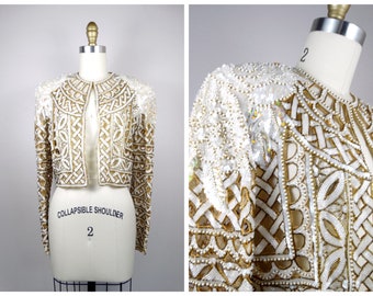 Naeem Khan RIAZEE Pearl Beaded Bolero / Vintage Designer Couture Iridescent Ivory Sequined Gold Beaded Lattice Bridal Jacket