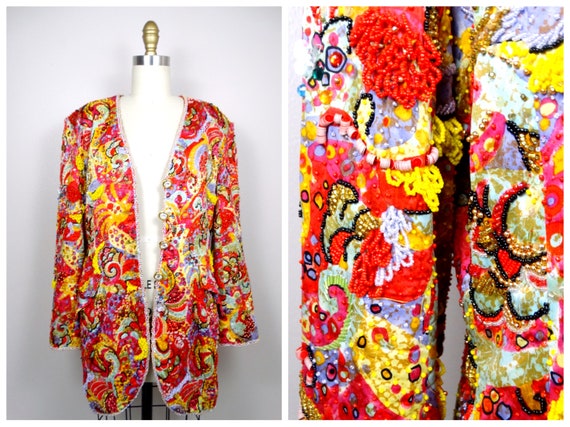 HEAVY Jewel Beaded Jacket // Vintage Couture Heav… - image 1