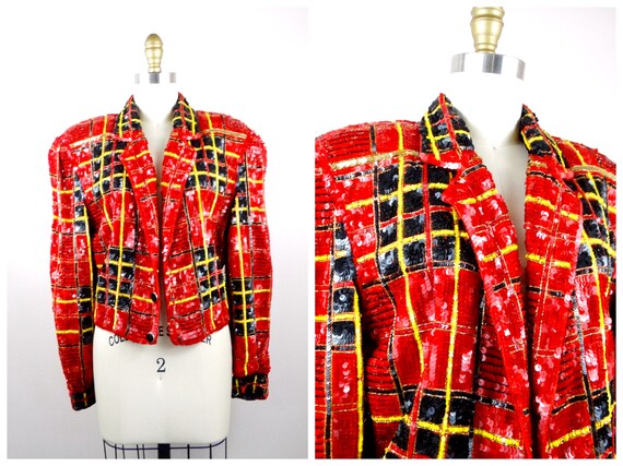 M/L Tartan Sequin Jacket // Vintage Red Plaid Sequ
