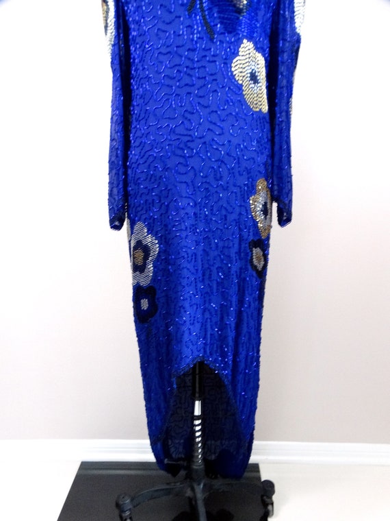 Royal Blue Beaded Gown // Open Back Silk Embellis… - image 3