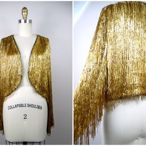 RARE Gold Fringe Beaded Bolero / HEAVY Tassel Beading Sequin Couture Dressy Glam Cropped Jacket