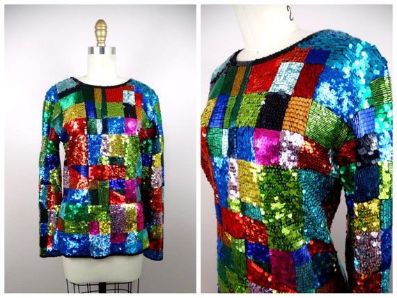 Retro Rainbow Sequin Top / Colorful Colorblock Be… - image 1