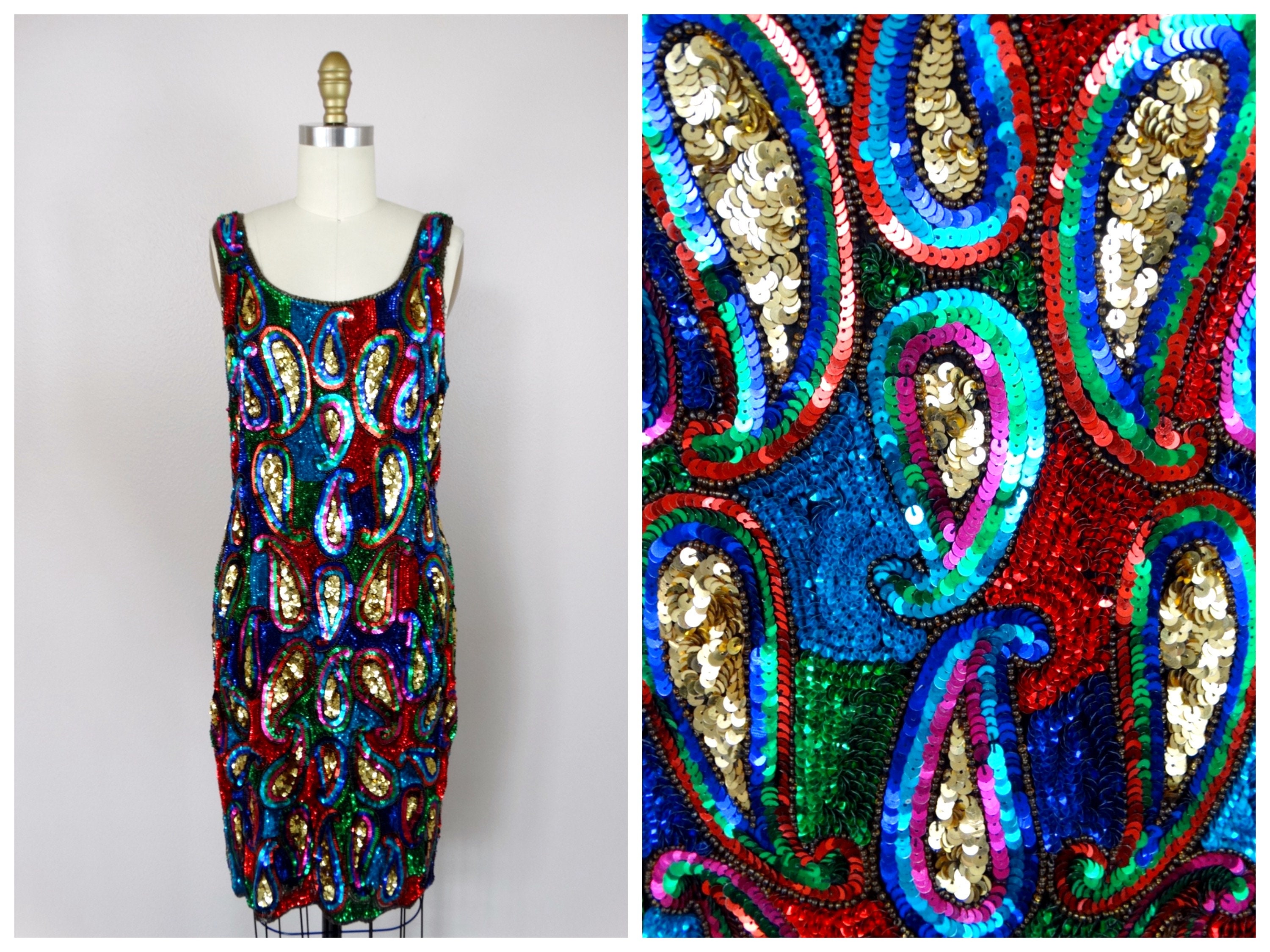 80s Rainbow Sequined Cocktail Dress // Colorful Paisley