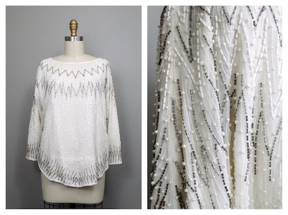 M/L パールビーズトップ / ホワイト＆シルバービーズ装飾ブラウス