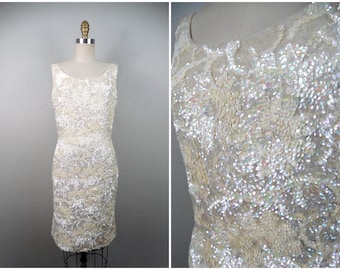50s 60s Iridescent Floral Sequin Dress // 1950's 1960's Pearlescent White and Ivory Sequined Wool Dress