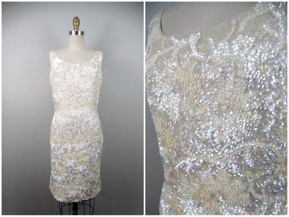 50s 60s Iridescent Floral Sequin Dress // 1950's 1960's