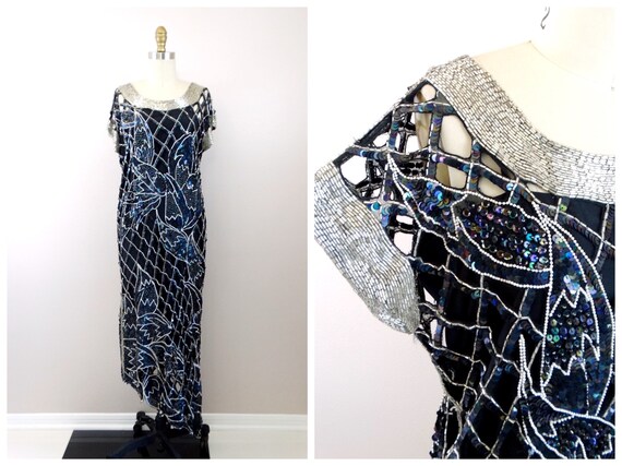 70s Lattice Cutouts Sequin Gown // Sheer Silk Gla… - image 5