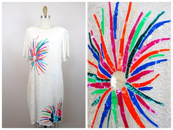 Neon POP Sequined Dress // Bright Vintage Sequin … - image 1