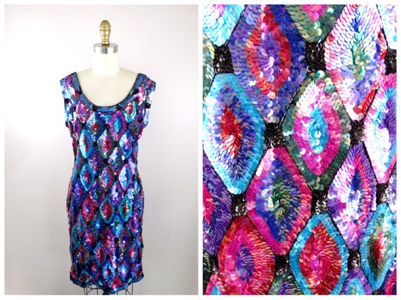 S/M Bright 1980s Sequin Dress / Pink Purple and B… - image 1