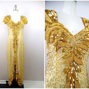 Art Deco Gold Sequin Dress // Vintage Beaded Sequined Gown