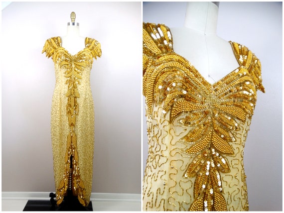 Art Deco Gold Sequin Dress // Vintage Beaded Sequ… - image 1